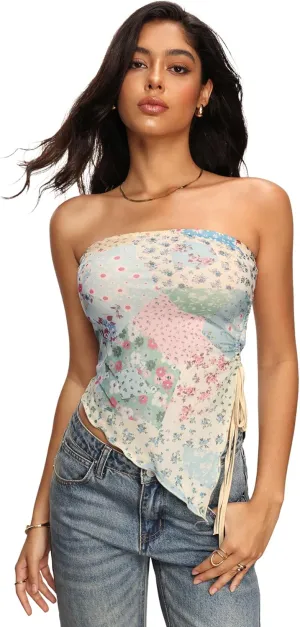 Milumia Women's Boho Printed Strapless Crop Top Asymmetrical Hem Ruched Tube Tops