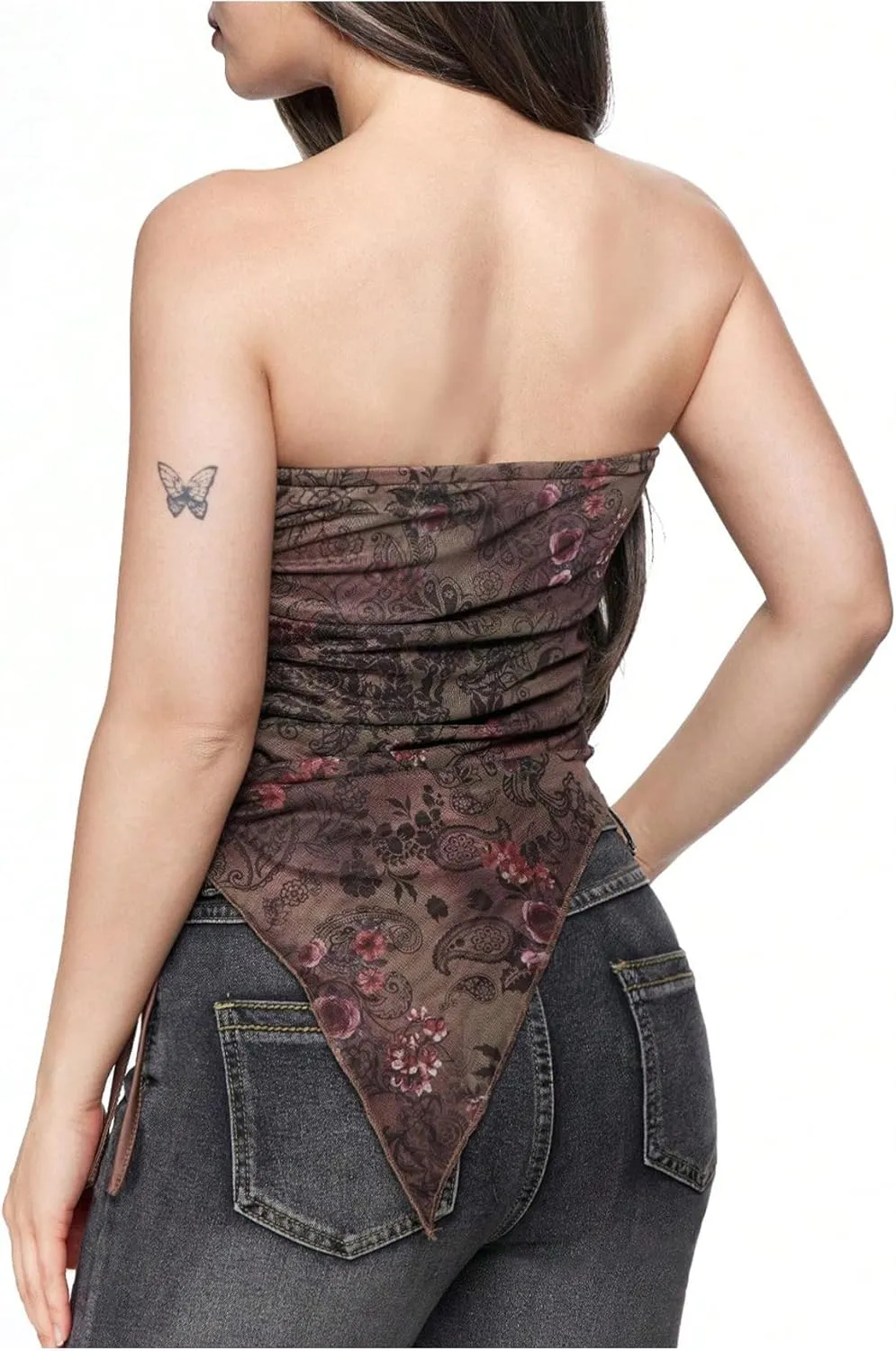 Milumia Women's Boho Printed Strapless Crop Top Asymmetrical Hem Ruched Tube Tops