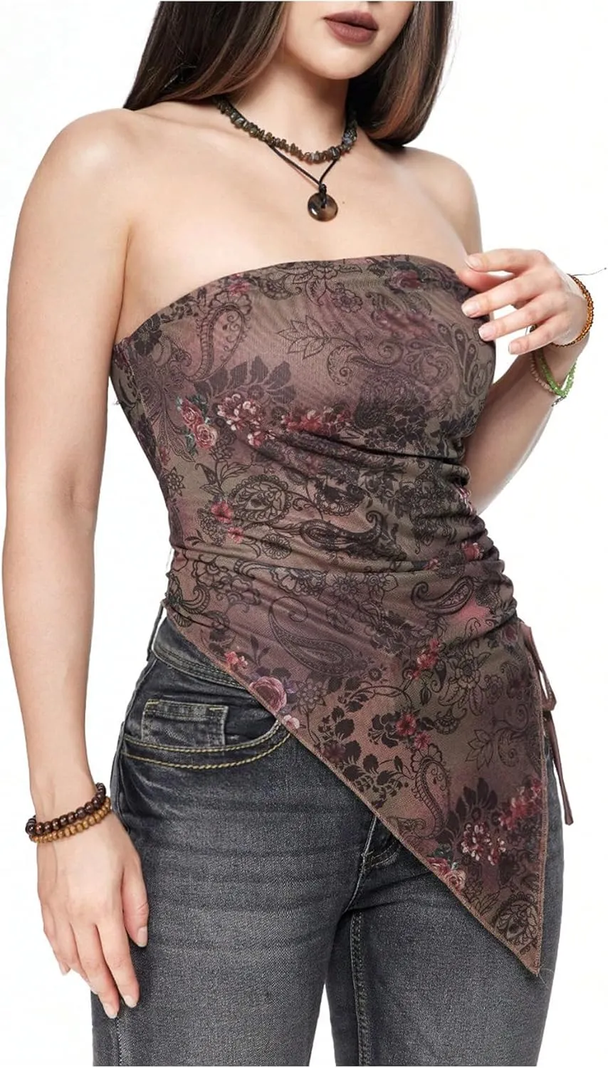 Milumia Women's Boho Printed Strapless Crop Top Asymmetrical Hem Ruched Tube Tops