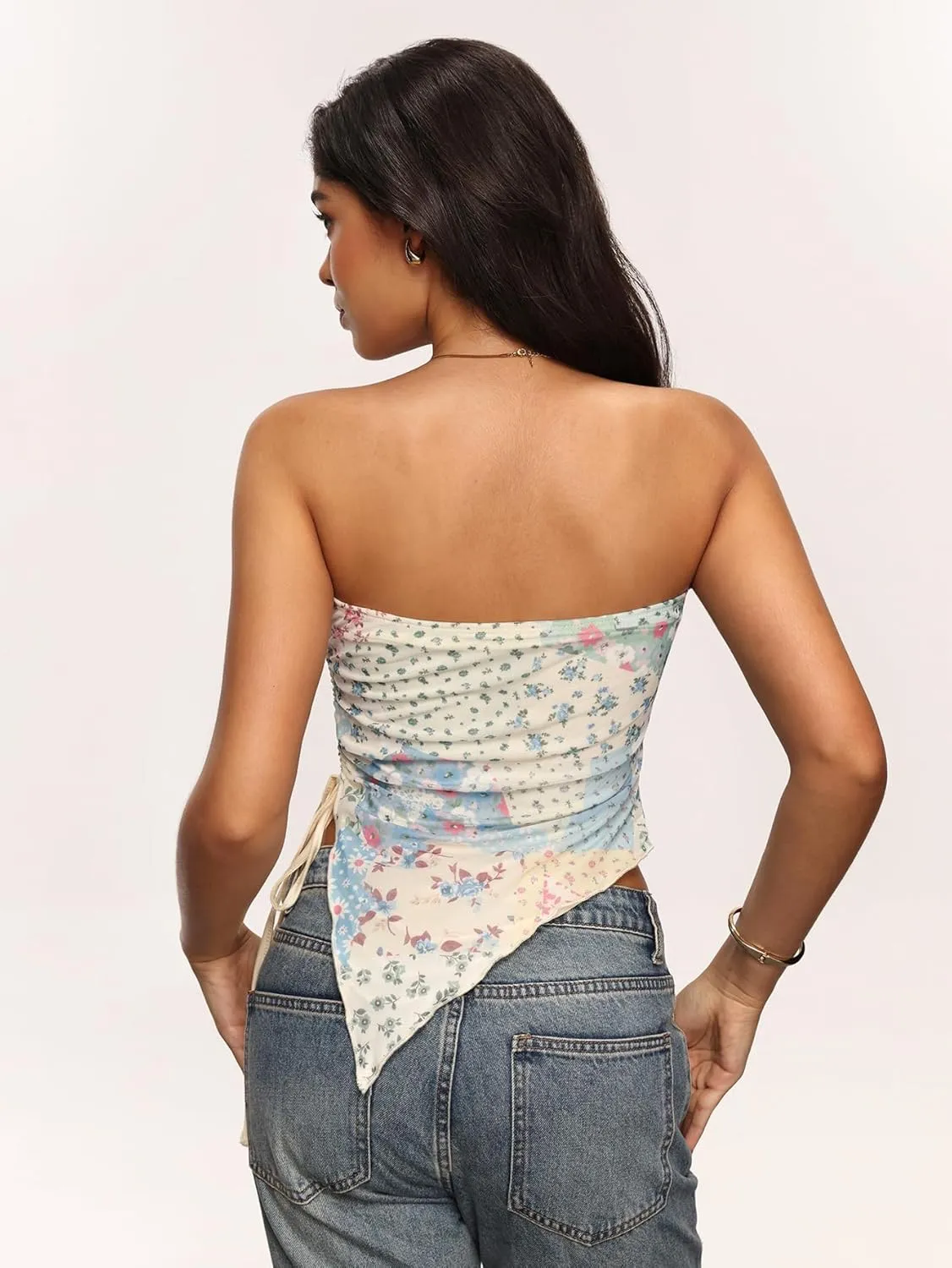 Milumia Women's Boho Printed Strapless Crop Top Asymmetrical Hem Ruched Tube Tops