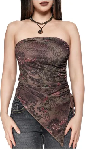 Milumia Women's Boho Printed Strapless Crop Top Asymmetrical Hem Ruched Tube Tops