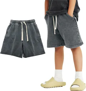 PEHMEA Boys Girls Cotton Shorts, Athletic Casual Jogger Loose Fit Kids Short with Pockets Elastic Waist Drawstring for 5-14Y