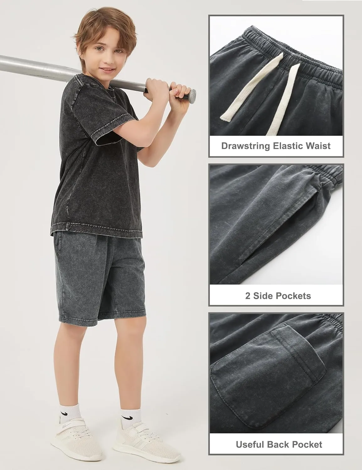 PEHMEA Boys Girls Cotton Shorts, Athletic Casual Jogger Loose Fit Kids Short with Pockets Elastic Waist Drawstring for 5-14Y
