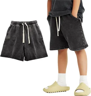 PEHMEA Boys Girls Cotton Shorts, Athletic Casual Jogger Loose Fit Kids Short with Pockets Elastic Waist Drawstring for 5-14Y
