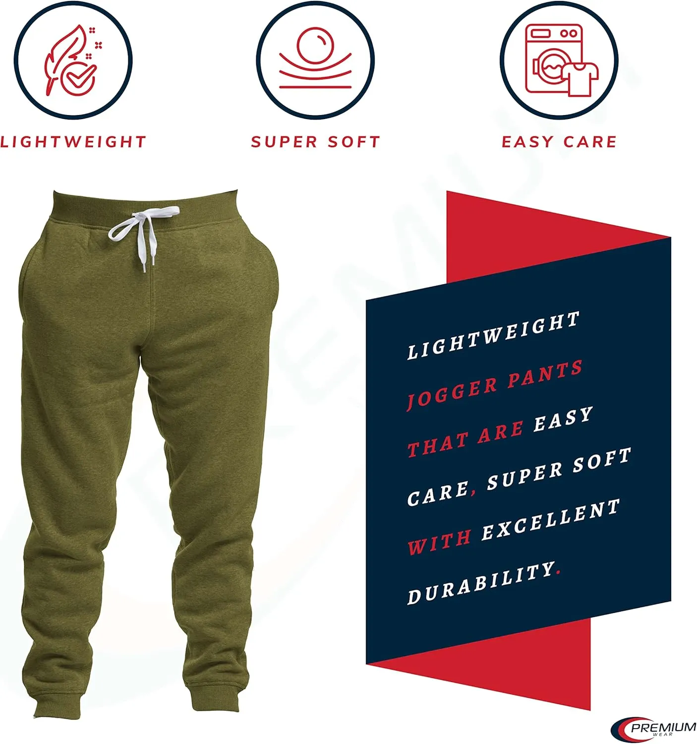 Premium Wear Mens Jogger Sweatpants - Lightweight, Super Soft, 100% Polyester | Elastic Drawstring, Deep Pockets, Tag-Free