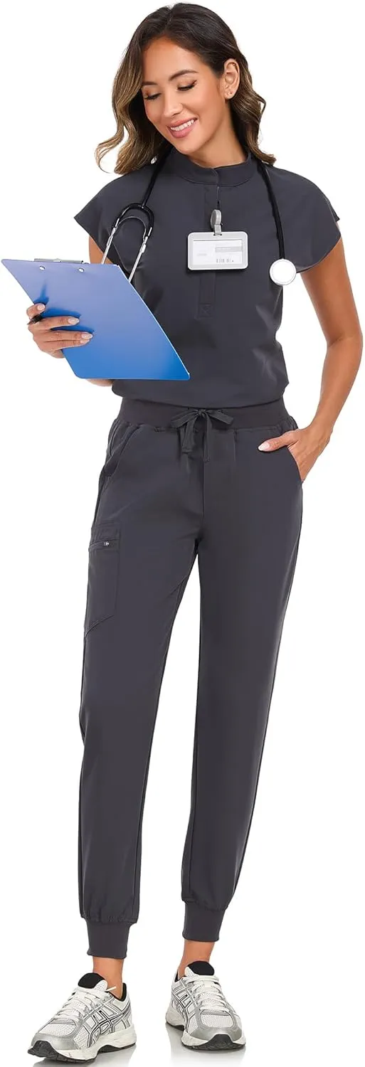 Scrub Pants for Women Four Way Stretch Joggers High Rise Zipper Cargo Pants with 5 Pockets