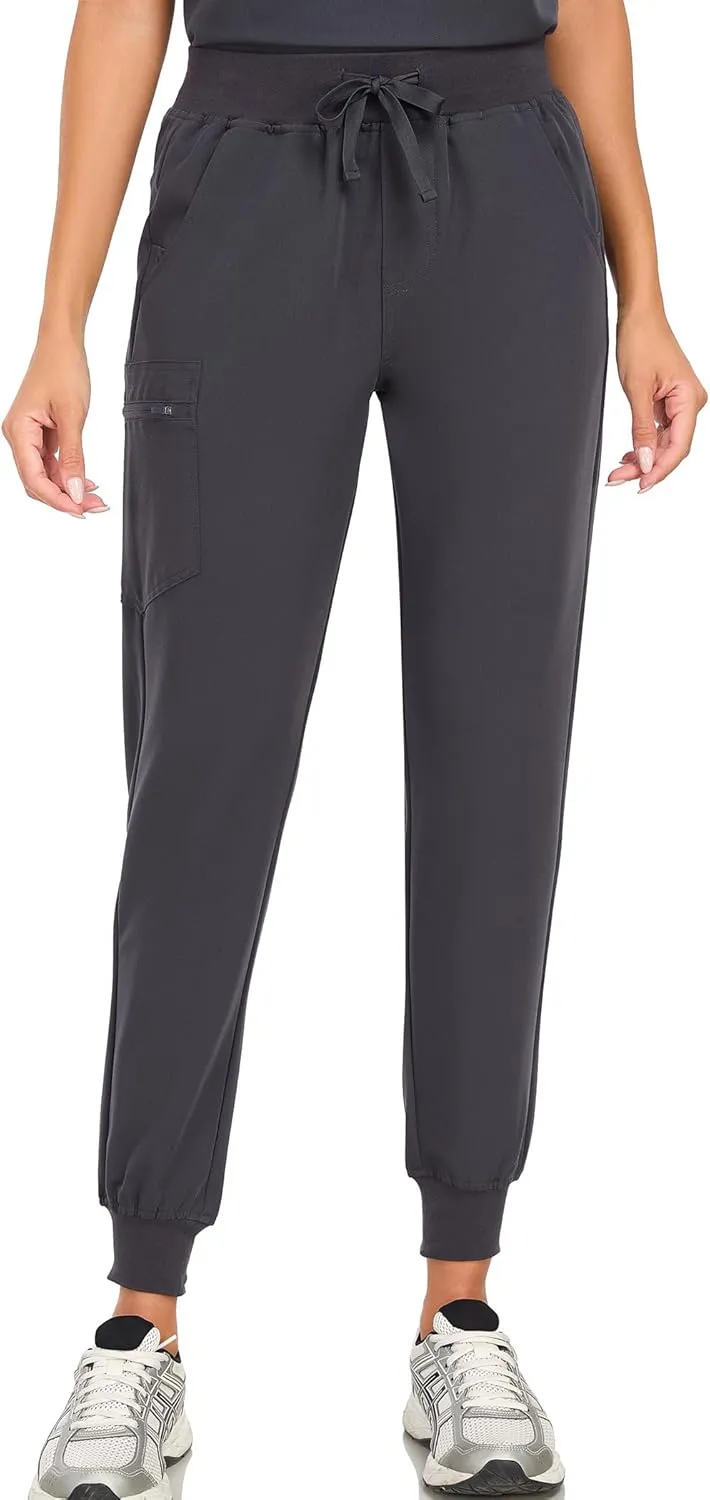 Scrub Pants for Women Four Way Stretch Joggers High Rise Zipper Cargo Pants with 5 Pockets