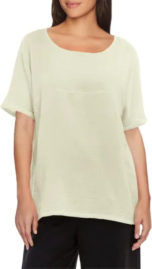 Soojun Women's Cotton Linen Round Collar Boxy Top Patchwork Blouses