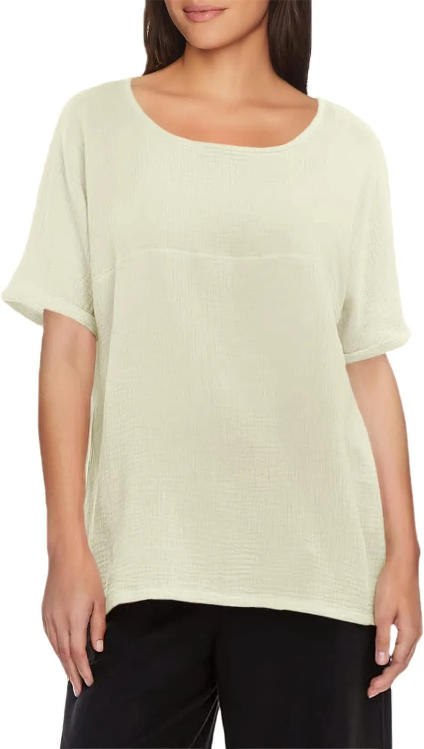 Soojun Women's Cotton Linen Round Collar Boxy Top Patchwork Blouses