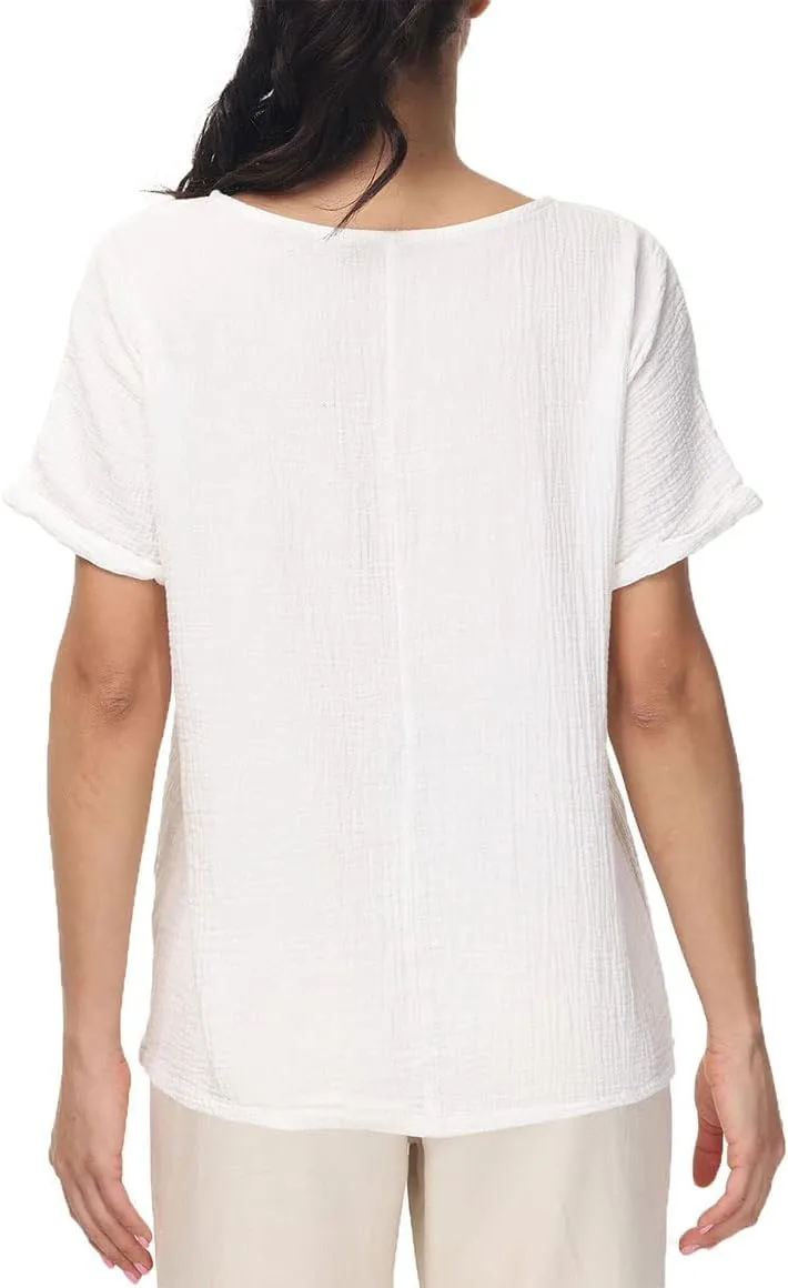 Soojun Women's Cotton Linen Round Collar Boxy Top Patchwork Blouses