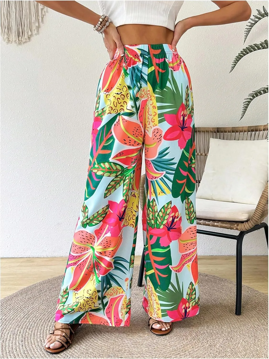 Verdusa Women's Tropical Floral Print Palazzo Pants Flowy Boho Summer Wide Leg Trousers