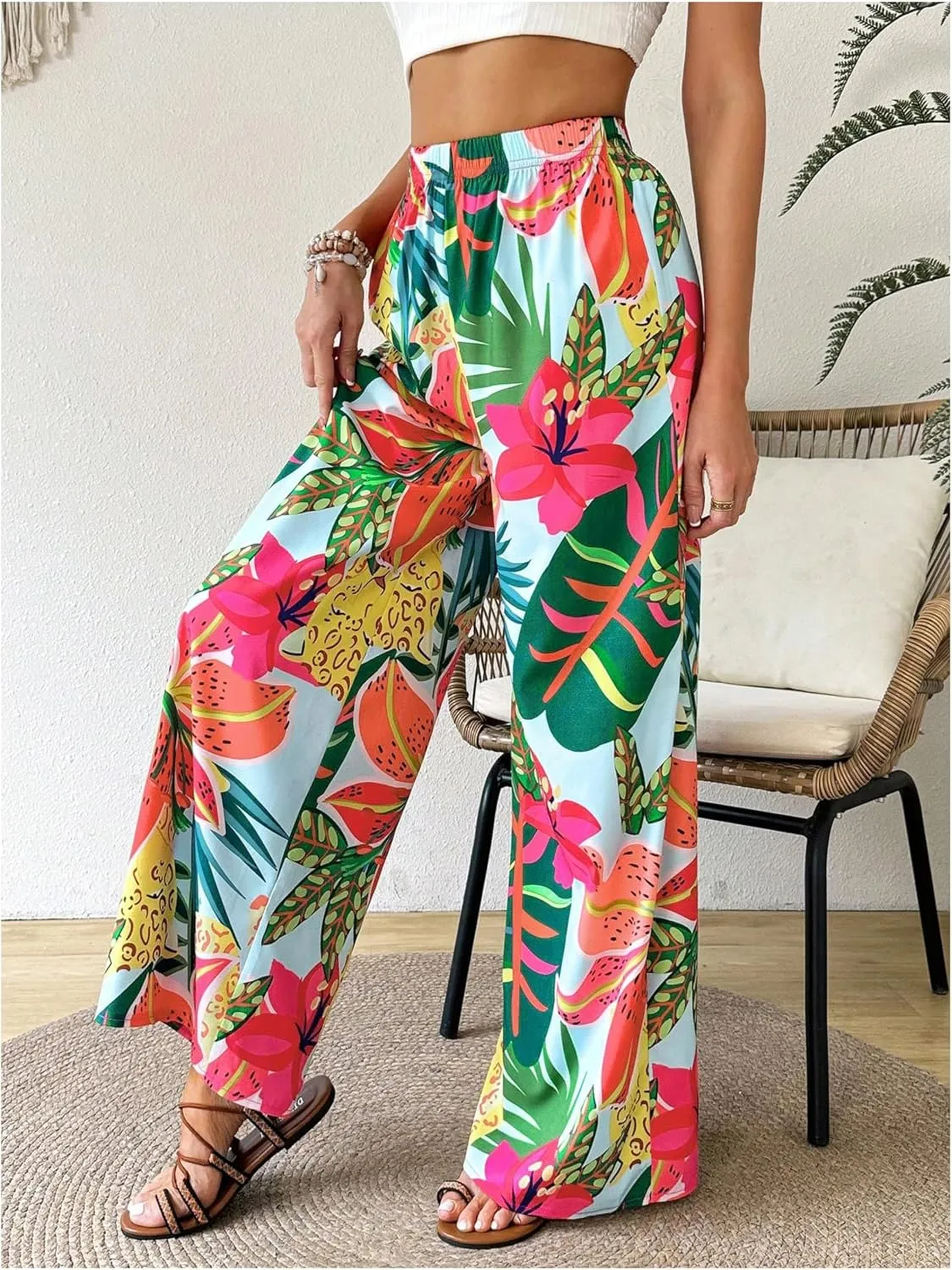 Verdusa Women's Tropical Floral Print Palazzo Pants Flowy Boho Summer Wide Leg Trousers