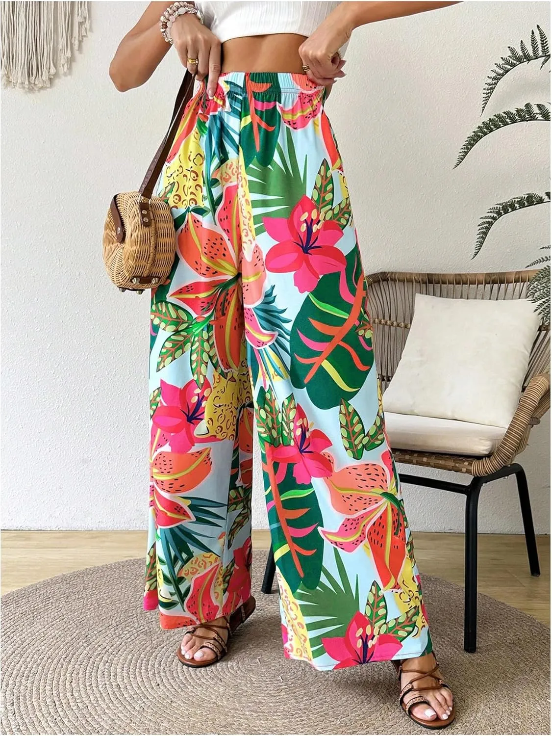 Verdusa Women's Tropical Floral Print Palazzo Pants Flowy Boho Summer Wide Leg Trousers