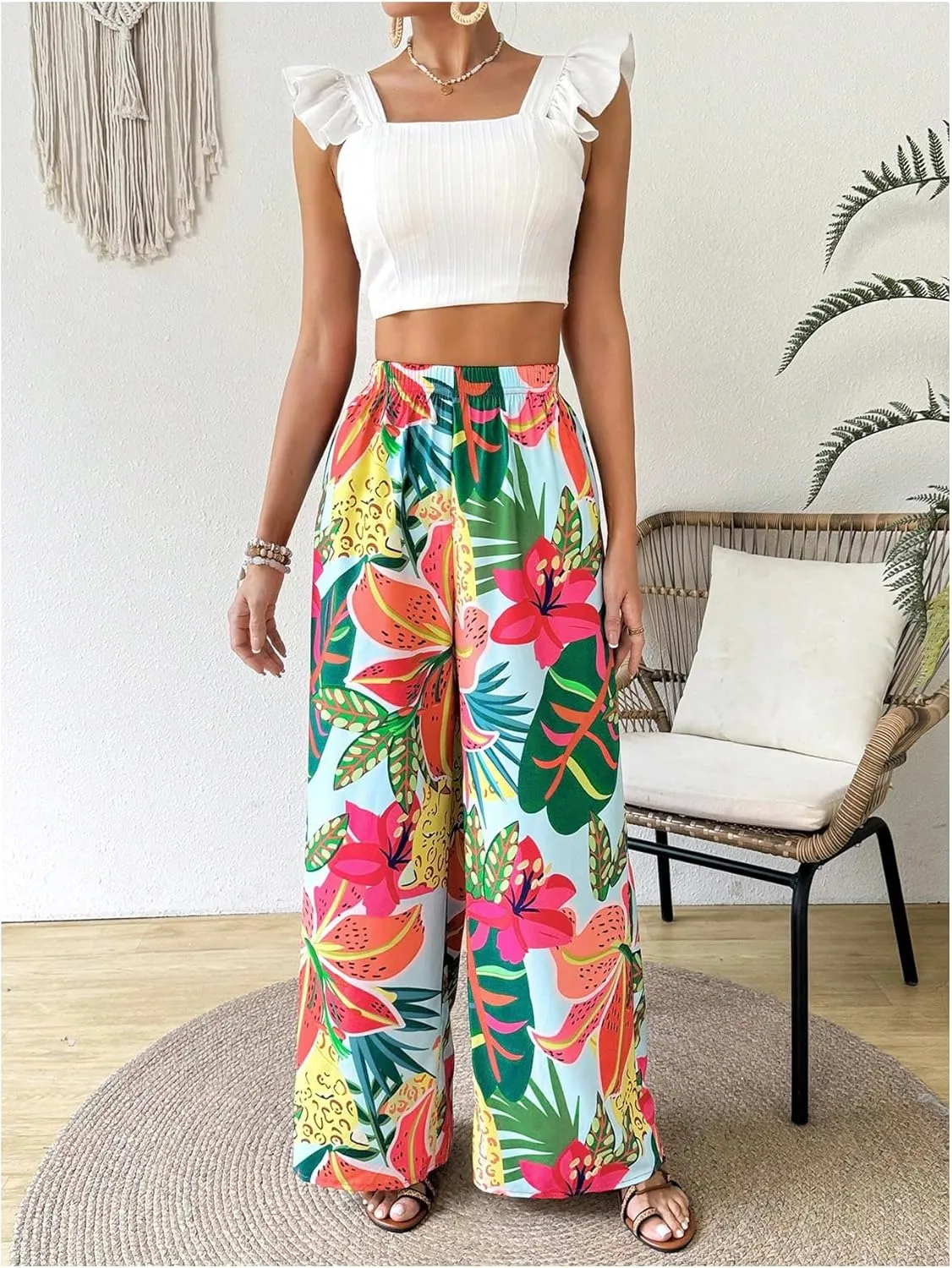 Verdusa Women's Tropical Floral Print Palazzo Pants Flowy Boho Summer Wide Leg Trousers
