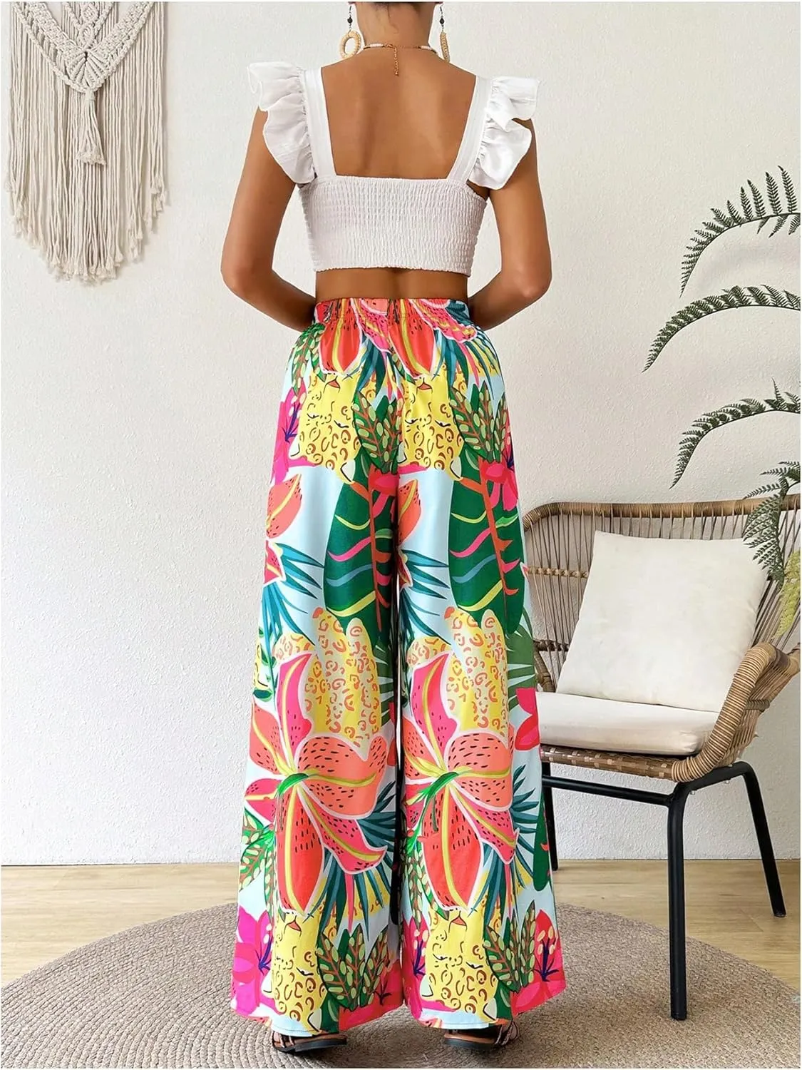 Verdusa Women's Tropical Floral Print Palazzo Pants Flowy Boho Summer Wide Leg Trousers