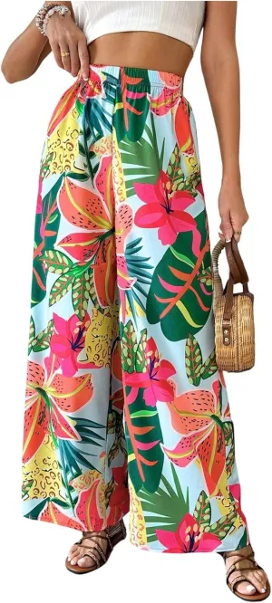 Verdusa Women's Tropical Floral Print Palazzo Pants Flowy Boho Summer Wide Leg Trousers