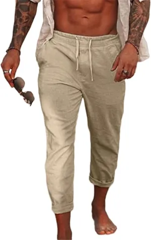 Wankang Mens Linen Casual Pants Elastic Waist Drawstring Pants Trousers Lightweight Yoga Beach Summer Pants for Men