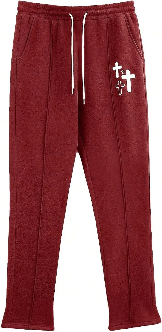 WDIRARA Men's Graphic Printed Stacked Sweatpants Flared Leg Y2K Drawstring Waisted Casual Jogger Pants with Pockets