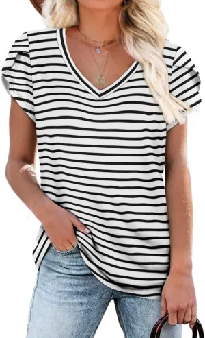 WIHOLL Womens Tops V Neck Summer Petal Sleeve Casual Tshirts