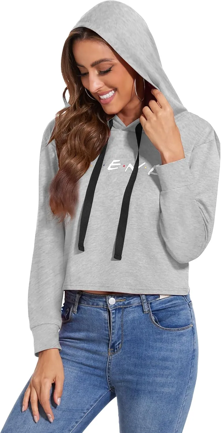 Women Cute Printed Letter Hoodie Cropped Pullover Sweatshirts Casual Gym Tops Drawstring Fall Winter Tunics