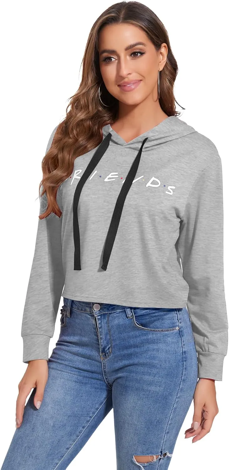Women Cute Printed Letter Hoodie Cropped Pullover Sweatshirts Casual Gym Tops Drawstring Fall Winter Tunics